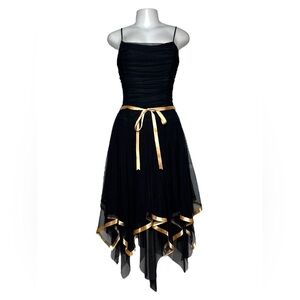 VTG Y2K Ynes Black & Gold Handkerchief Hem Dress Made in USA Ruched Bodice Midi